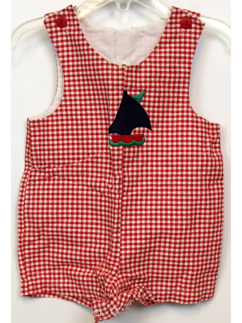 VTG Pete's Partners Jon Jon Romper & Hat Red Boys sz 12m Sailboat Red Gingham